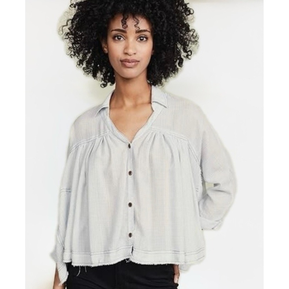 Free People We The Free My Own Way Top Blue White Check Button Down Oversized S